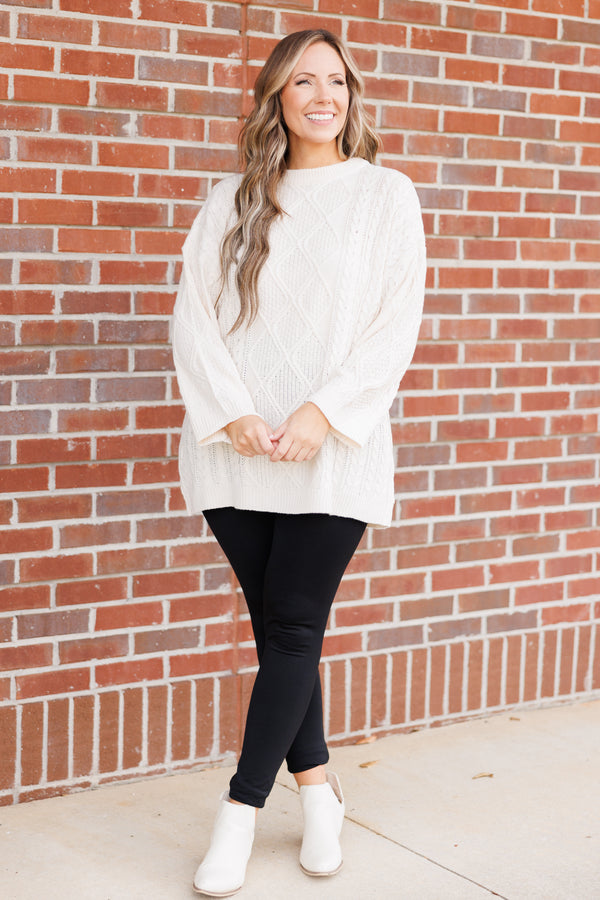 Chic Soul plus size clothing, cream colored tunic length sweater with textured detailing