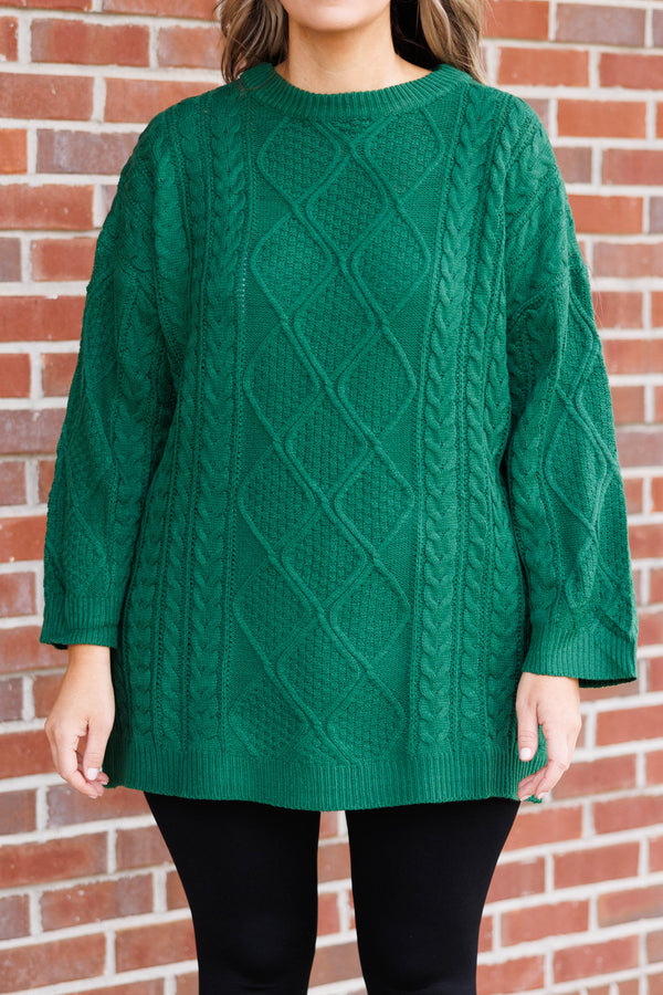 Chic Soul plus size clothing, hunter green colored tunic length textured sweater