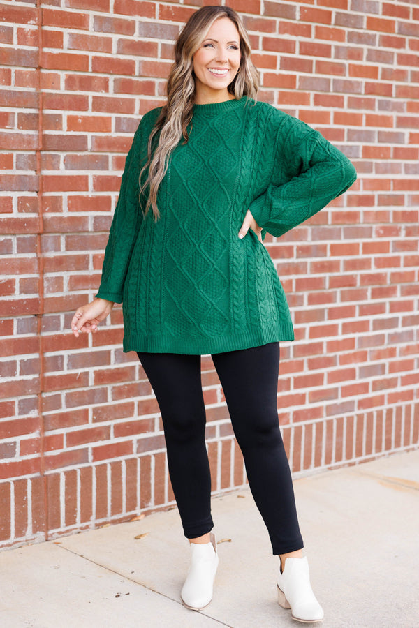 Chic Soul plus size clothing, hunter green colored tunic length textured sweater