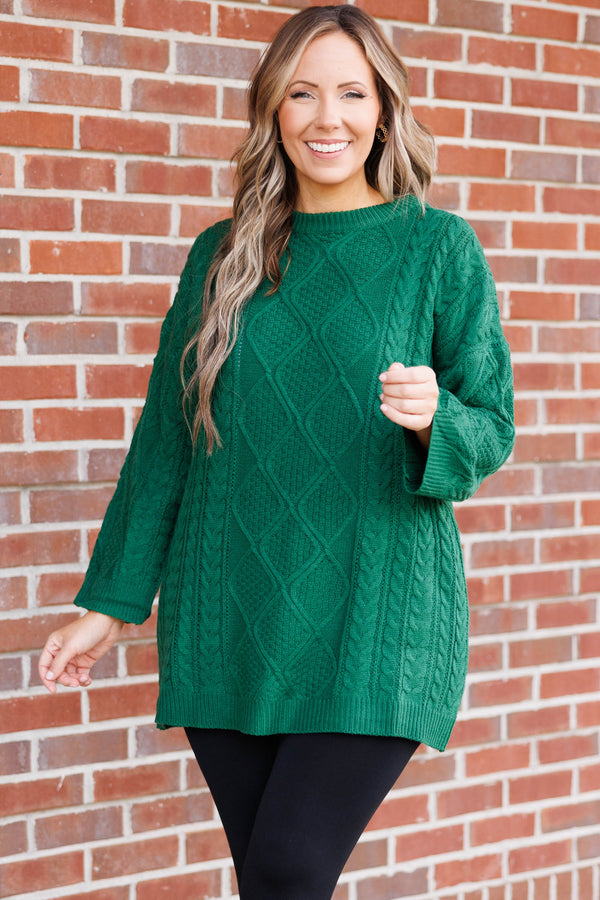 Chic Soul plus size clothing, hunter green colored tunic length textured sweater