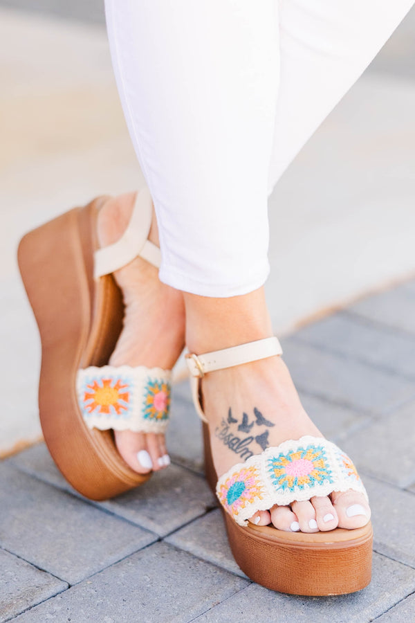 Chic Soul plus size clothing, beige crochet wedges with multicolor crochet design