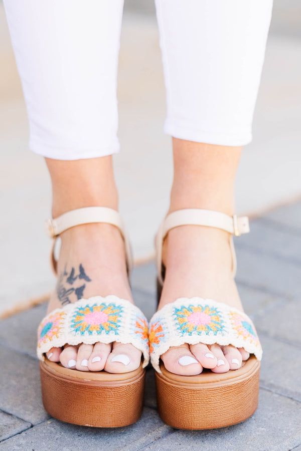 Chic Soul plus size clothing, beige crochet wedges with multicolor crochet design