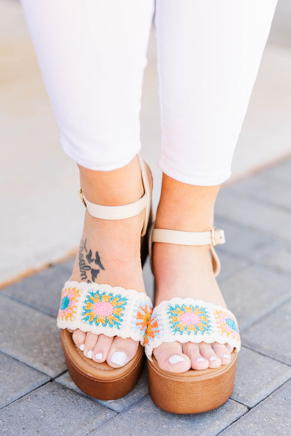 Chic Soul plus size clothing, beige crochet wedges with multicolor crochet design