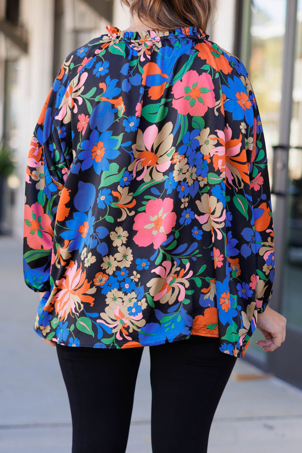 Chic Soul plus size clothing, black and floral multi colored blouse top with balloon sleeves