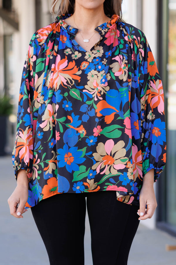 Chic Soul plus size clothing, black and floral multi colored blouse top with balloon sleeves