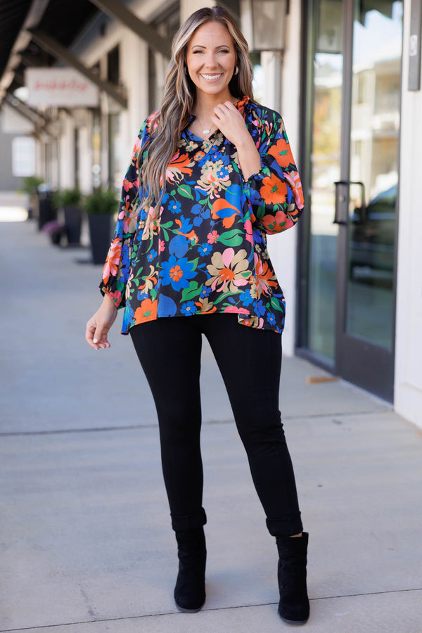 Chic Soul plus size clothing, black and floral multi colored blouse top with balloon sleeves