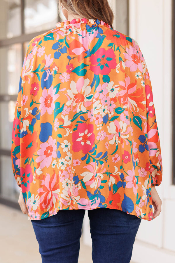 Chic Soul plus size clothing, mustard colored top with v neck and floral pattern with balloon sleeves