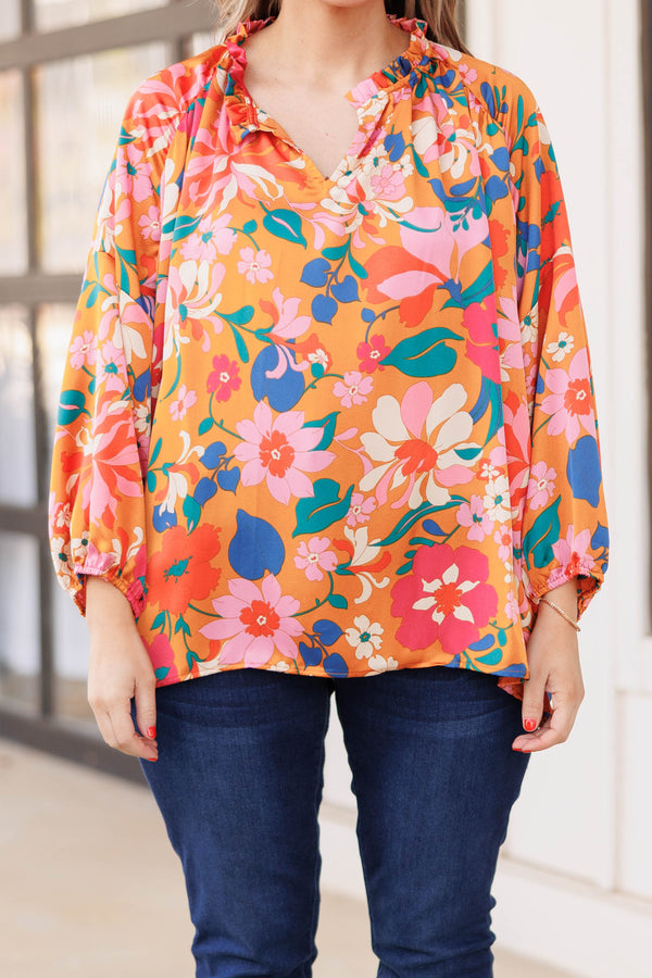 Chic Soul plus size clothing, mustard colored top with v neck and floral pattern with balloon sleeves