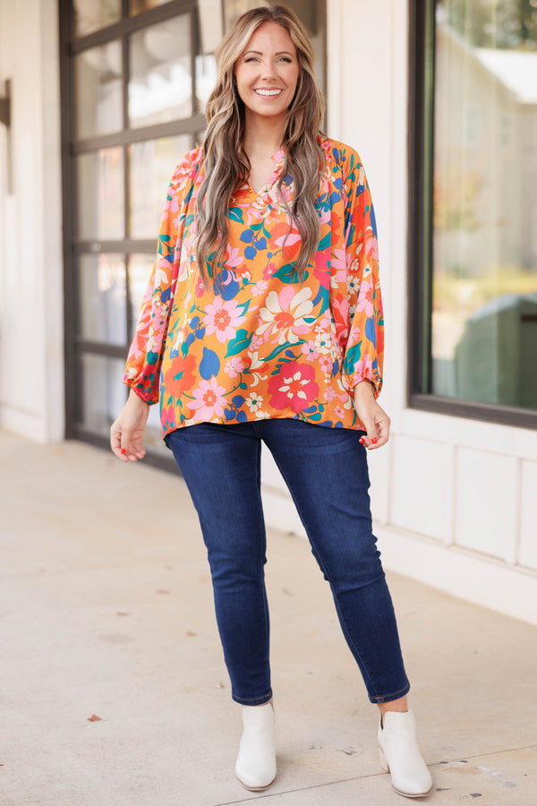 Chic Soul plus size clothing, mustard colored top with v neck and floral pattern with balloon sleeves