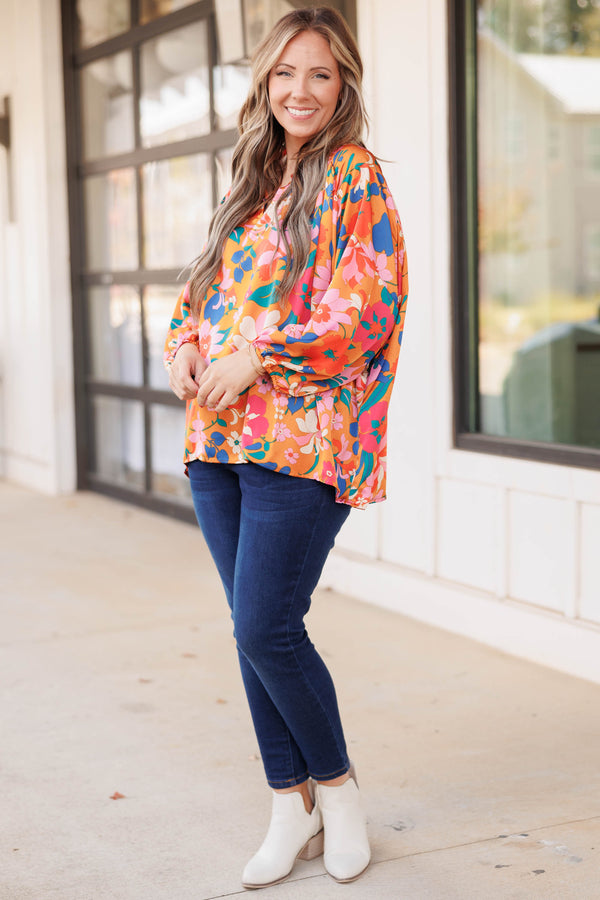 Chic Soul plus size clothing, mustard colored top with v neck and floral pattern with balloon sleeves