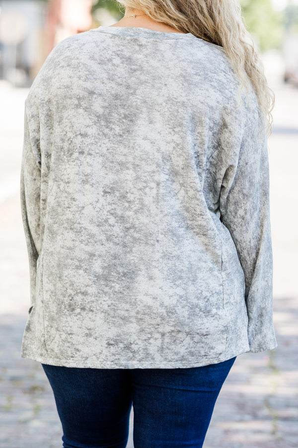 Chic Soul plus size clothing, gray acid wash long sleeve tee top with slit detail on sides with v neckline