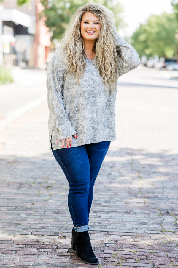 Chic Soul plus size clothing, gray acid wash long sleeve tee top with slit detail on sides with v neckline