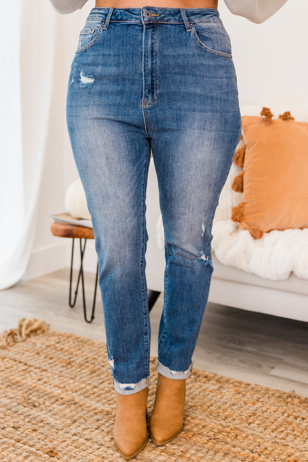 Chic Soul plus size clothing, medium wash denim jeans with light distressing and cuffed detail at the bottom