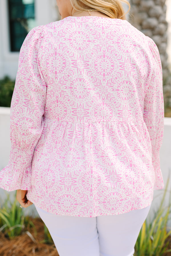 Chic Soul plus size clothing, pink and white patterned long nell sleeve baby doll top with v neck cutout