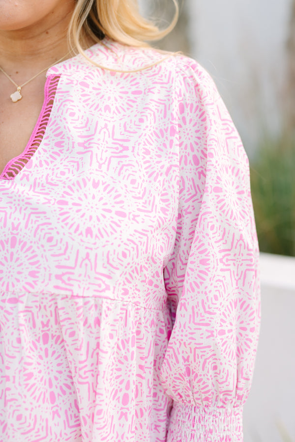 Chic Soul plus size clothing, pink and white patterned long nell sleeve baby doll top with v neck cutout