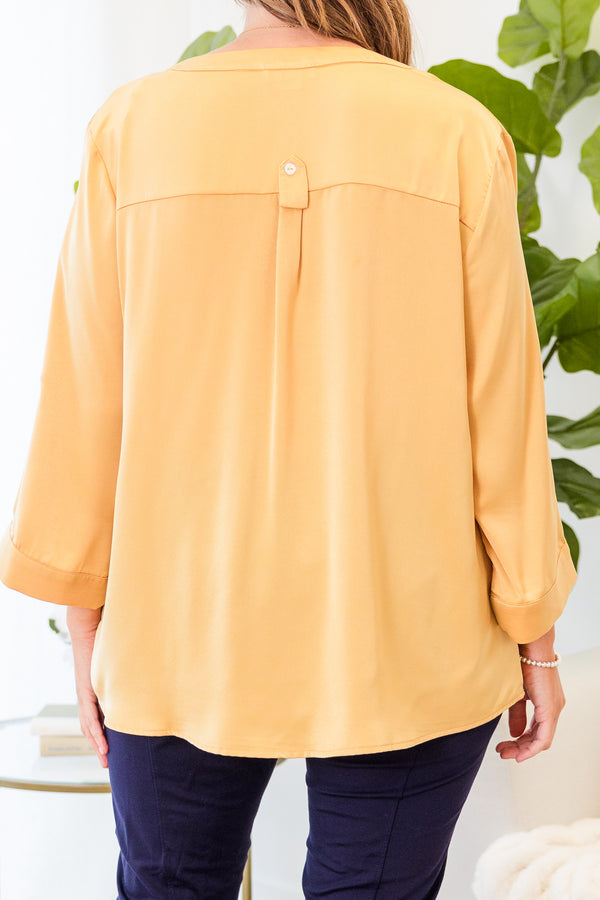 Chic Soul plus size clothing, yellow three quarter length sleeve top with cuff detailing around sleeves with v neckline with button detail with two chest pockets