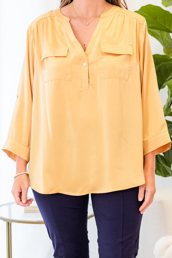 Chic Soul plus size clothing, yellow three quarter length sleeve top with cuff detailing around sleeves with v neckline with button detail with two chest pockets