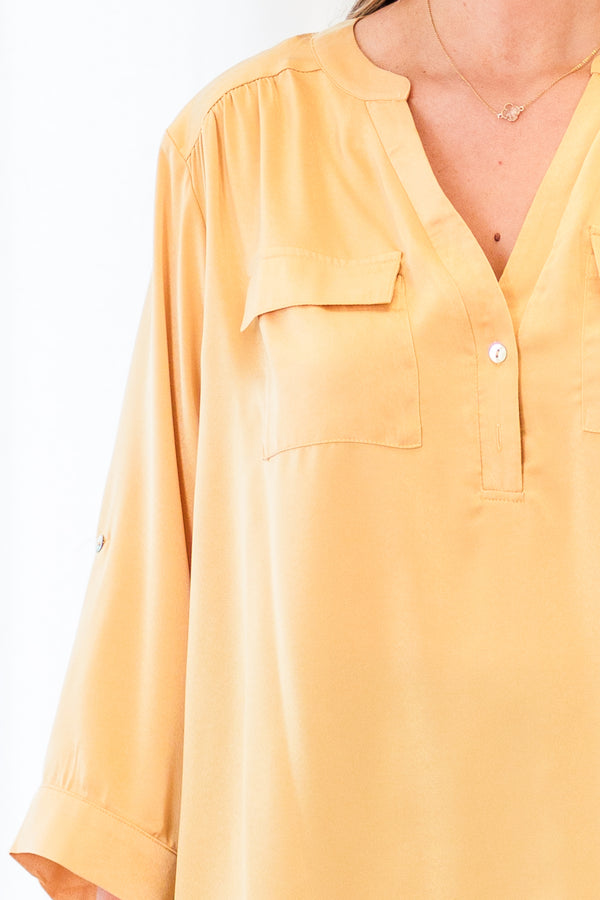 Chic Soul plus size clothing, yellow three quarter length sleeve top with cuff detailing around sleeves with v neckline with button detail with two chest pockets