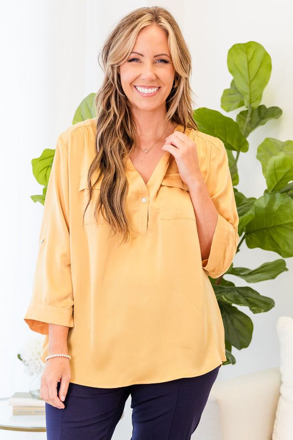 Chic Soul plus size clothing, yellow three quarter length sleeve top with cuff detailing around sleeves with v neckline with button detail with two chest pockets