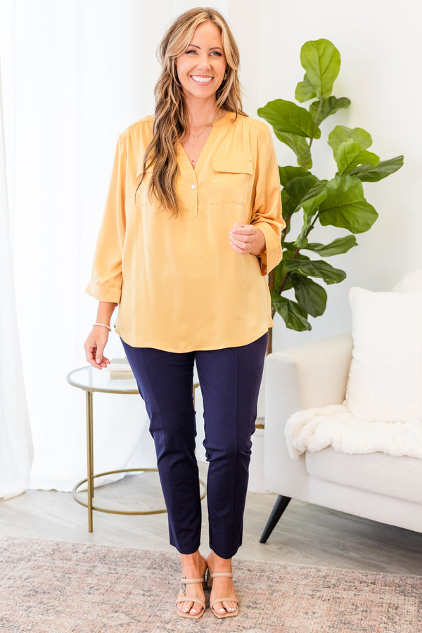 Chic Soul plus size clothing, yellow three quarter length sleeve top with cuff detailing around sleeves with v neckline with button detail with two chest pockets
