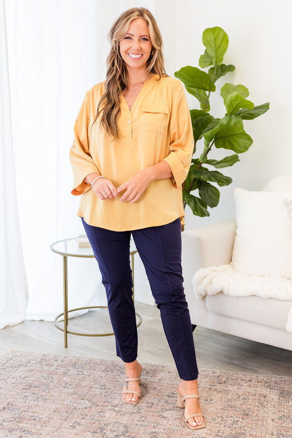 Chic Soul plus size clothing, yellow three quarter length sleeve top with cuff detailing around sleeves with v neckline with button detail with two chest pockets