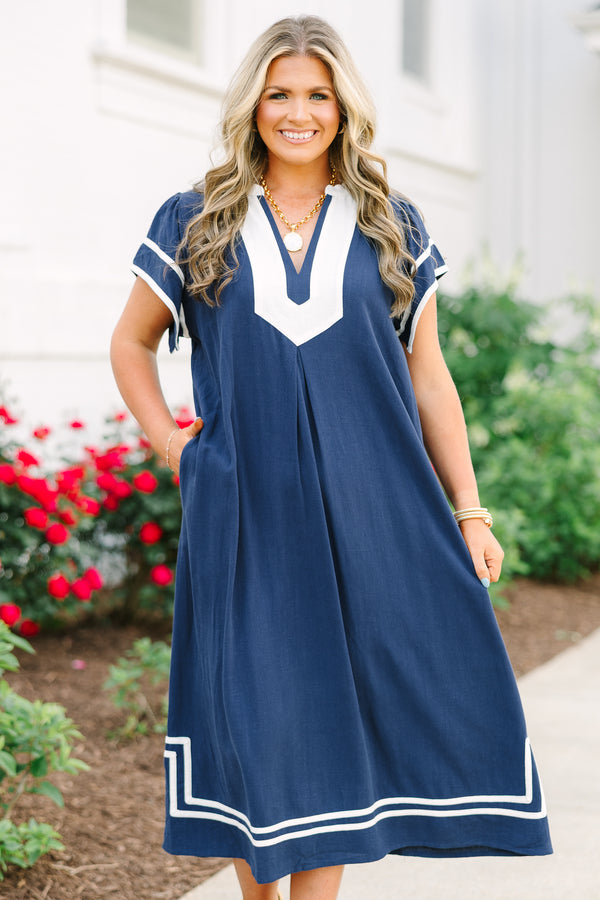 Chic Soul plus size clothing, navy midi dress with white contrast