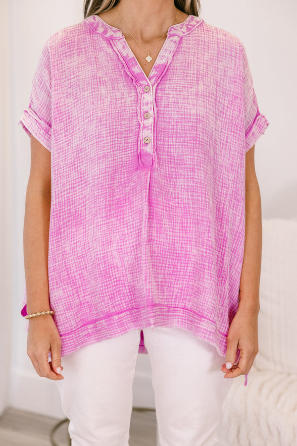 Chic Soul plus size clothing, short-sleeve cuffed high-low hemline bright mauve pink mineral washed top with a buttoned v-neckline 