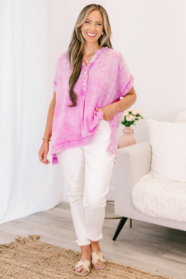Chic Soul plus size clothing, short-sleeve cuffed high-low hemline bright mauve pink mineral washed top with a buttoned v-neckline 
