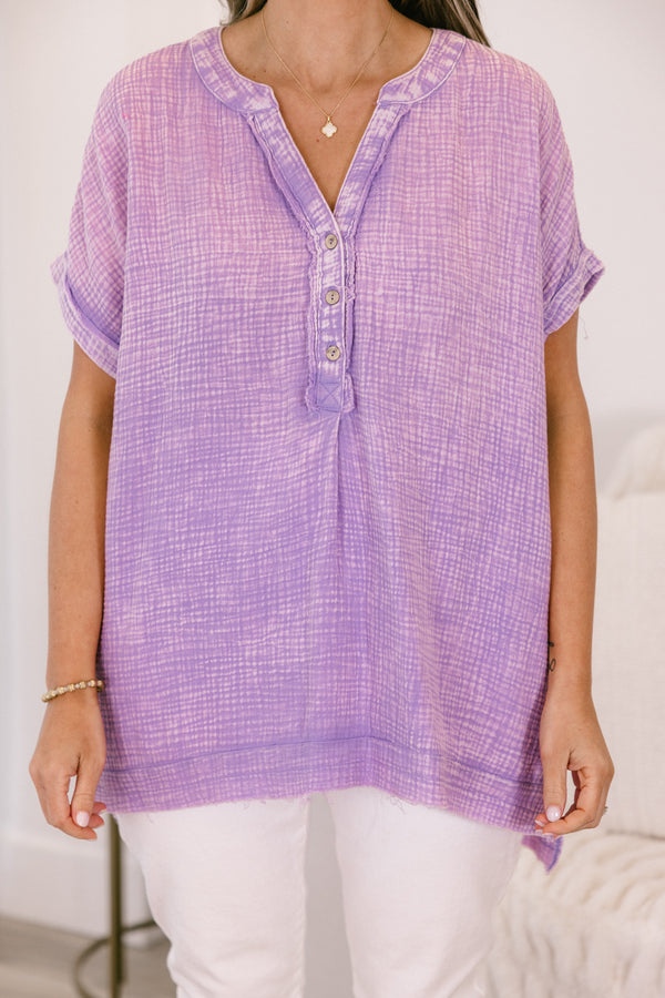 Chic Soul plus size clothing, short-sleeve lavender purple waffle knit top with a buttoned v-neckline and a high-low-hemline  