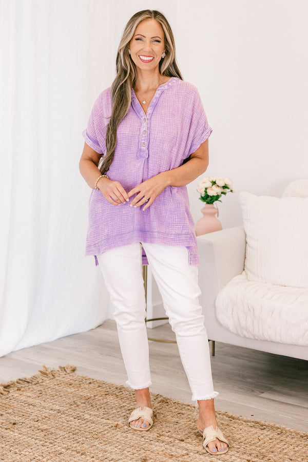 Chic Soul plus size clothing, short-sleeve lavender purple waffle knit top with a buttoned v-neckline and a high-low-hemline  