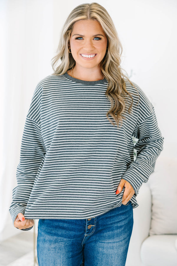 Plus Size charcoal and white horizontal striped long sleeve top with a crew neckline.