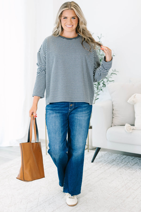 Plus Size charcoal and white horizontal striped long sleeve top with a crew neckline.