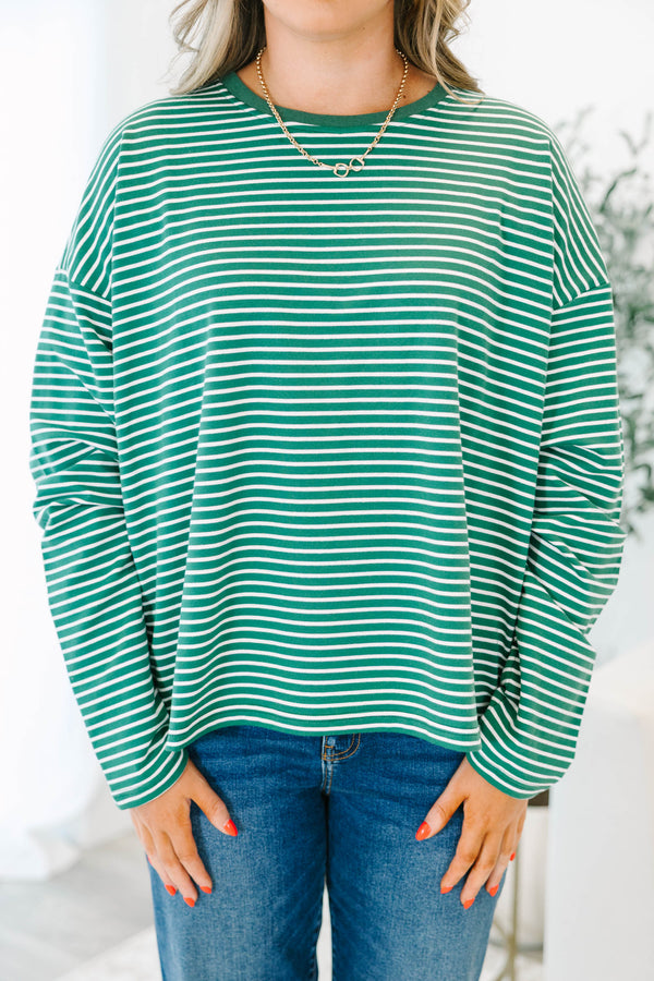 Plus Size green and white striped long-sleeve crewneck top with a relaxed fit and dropped shoulders.