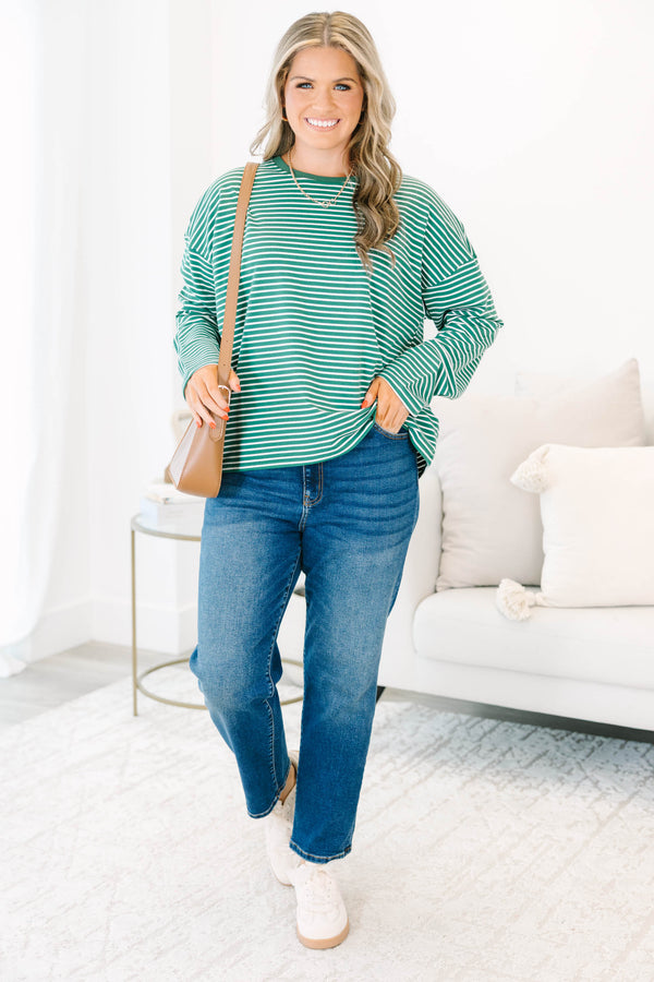 Plus Size green and white striped long-sleeve crewneck top with a relaxed fit and dropped shoulders.