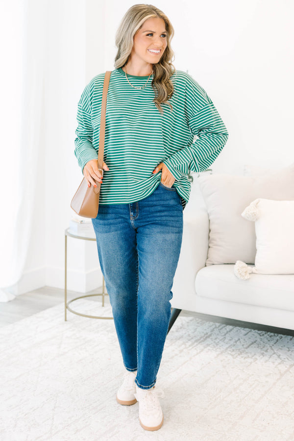 Plus Size green and white striped long-sleeve crewneck top with a relaxed fit and dropped shoulders.