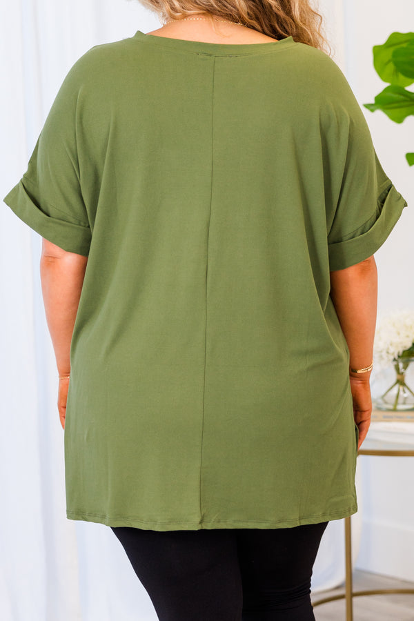 Chic Soul plus size clothing, ash olive short sleeve top with v-neckline