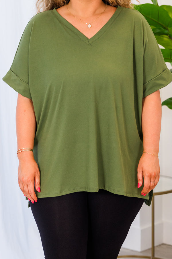 Chic Soul plus size clothing, ash olive short sleeve top with v-neckline
