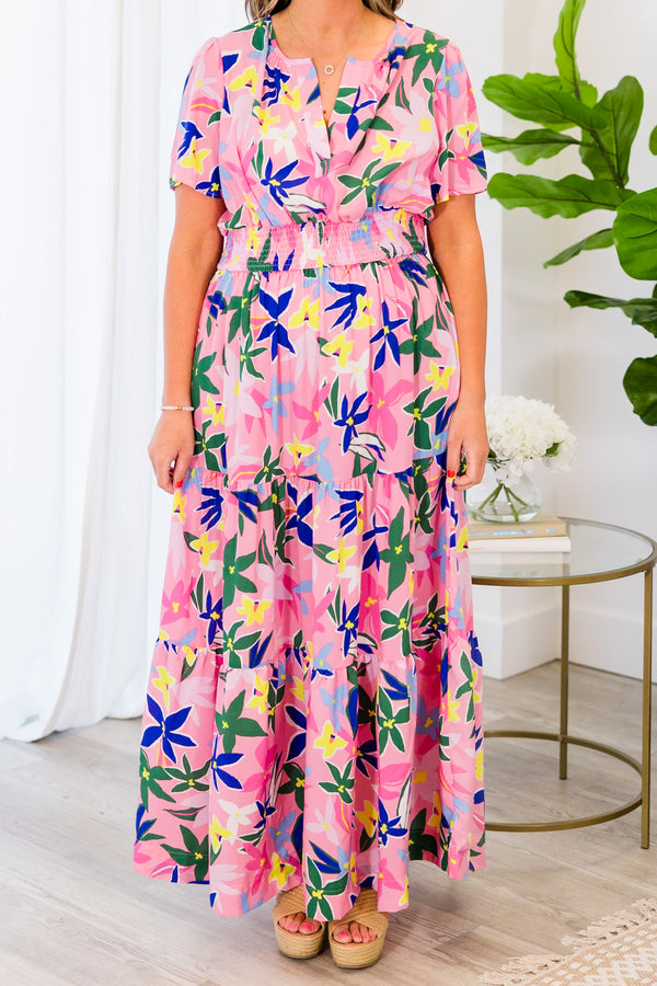 Chic Soul plus size clothing, pink flowy tiered maxi dress with multicolor floral pattern and a smocked waistband