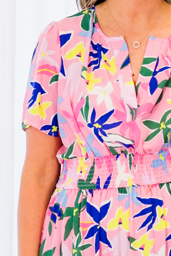 Chic Soul plus size clothing, pink flowy tiered maxi dress with multicolor floral pattern and a smocked waistband