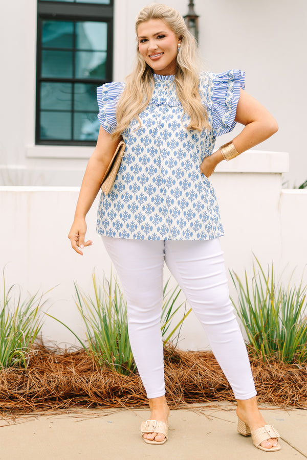 Chic Soul plus size clothing, blue block floral print flutter sleeve high neck ruffle top