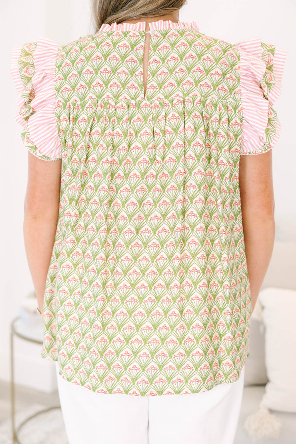 Chic Soul plus size clothing, moss green and light pink high-ruffle neckline and short-flutter sleeve blouse with abstract diamond floral pattern plus pink and white stripes on sleeves