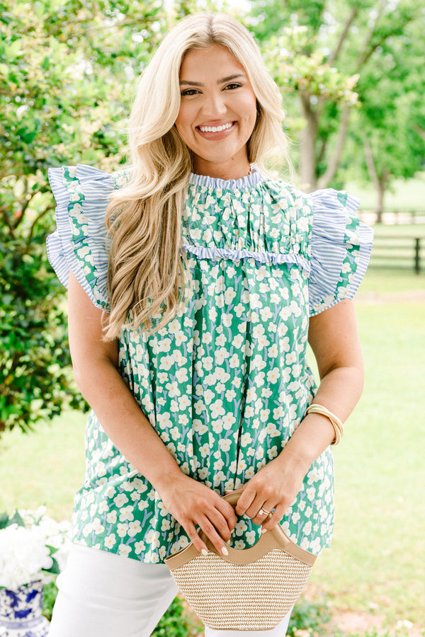 Chic Soul plus size clothing, green flutter sleeve blouse with white floral pattern and light blue stripes on sleeves and neckline