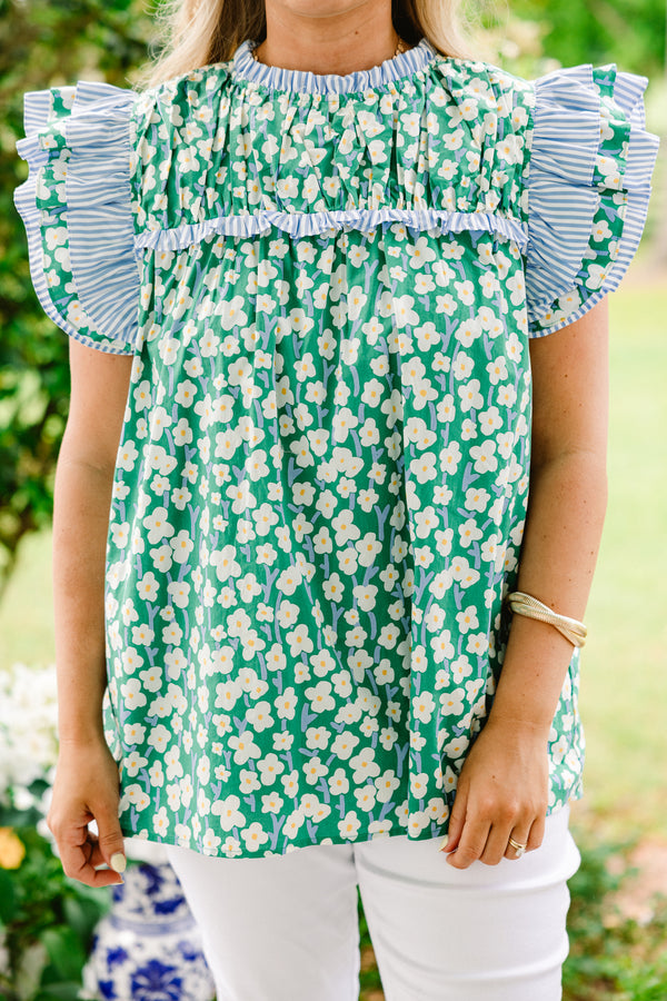 Chic Soul plus size clothing, green flutter sleeve blouse with white floral pattern and light blue stripes on sleeves and neckline