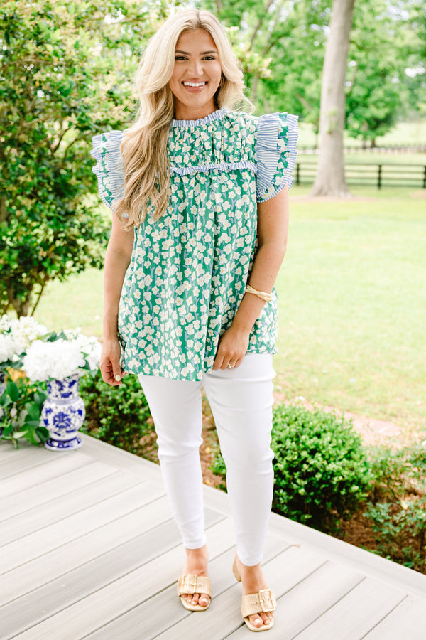 Chic Soul plus size clothing, green flutter sleeve blouse with white floral pattern and light blue stripes on sleeves and neckline