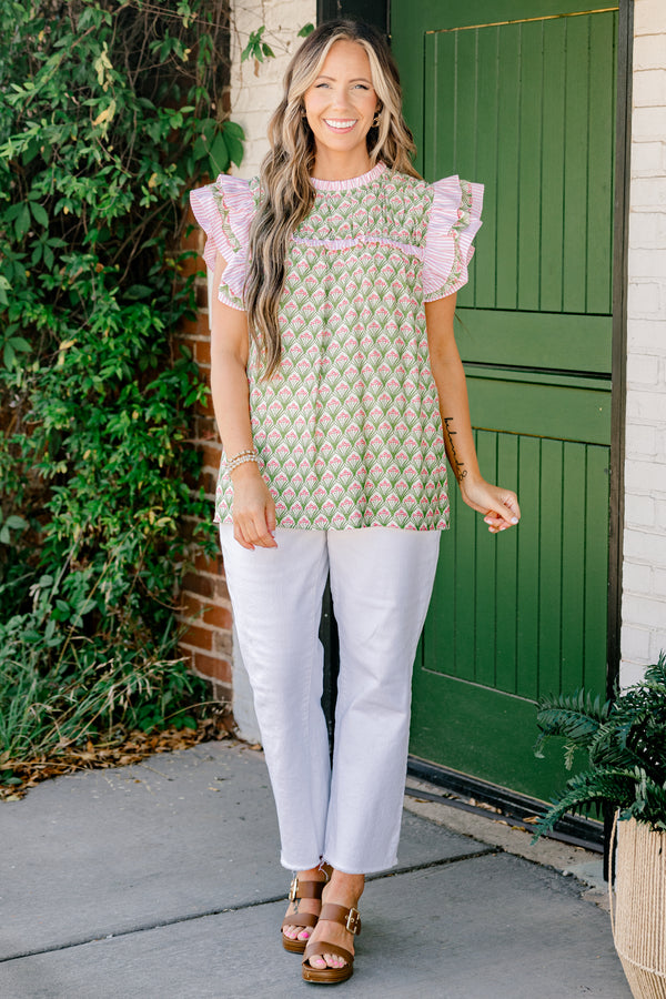 Chic Soul plus size clothing, moss green and light pink high-ruffle neckline and short-flutter sleeve blouse with abstract diamond floral pattern plus pink and white stripes on sleeves