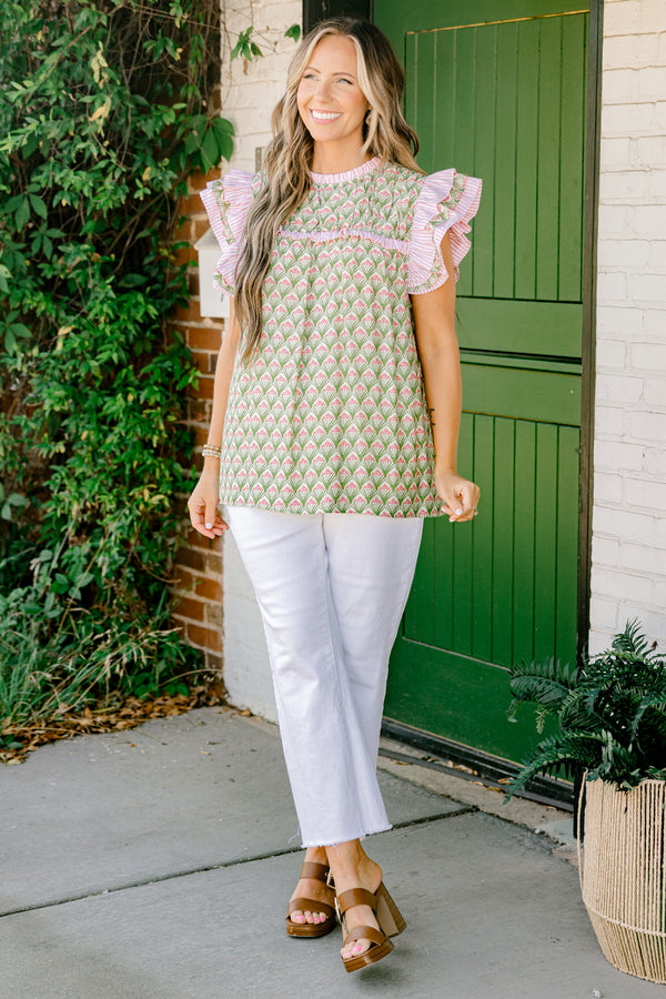 Chic Soul plus size clothing, moss green and light pink high-ruffle neckline and short-flutter sleeve blouse with abstract diamond floral pattern plus pink and white stripes on sleeves