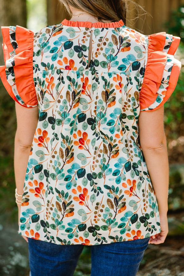 Chic Soul plus size clothing, orange floral print short flutter sleeve top