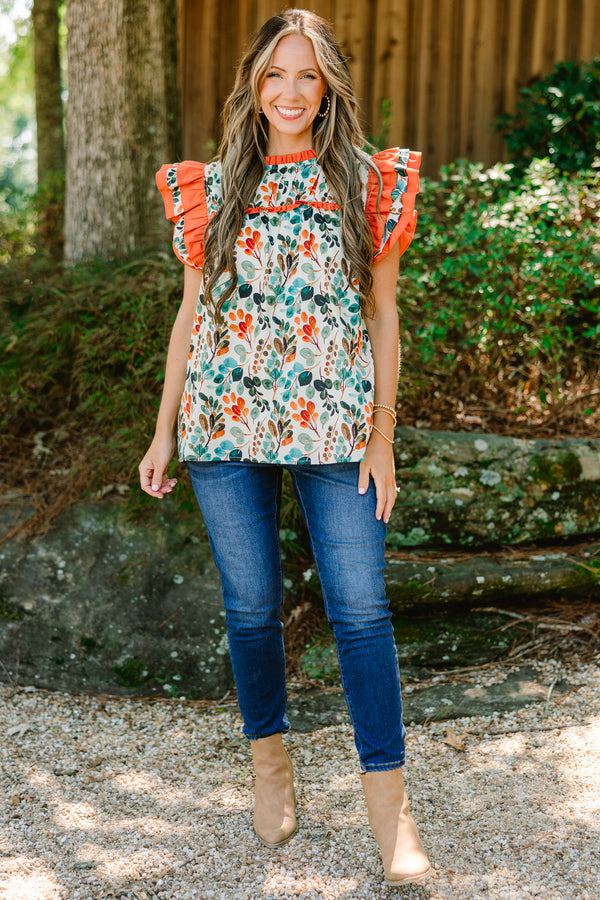 Chic Soul plus size clothing, orange floral print short flutter sleeve top