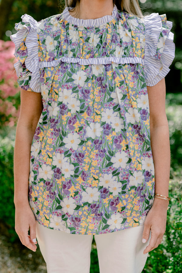 Chic Soul plus size clothing, purple floral short sleeve mock neck op with ruffle along sleeves and chest and neckline