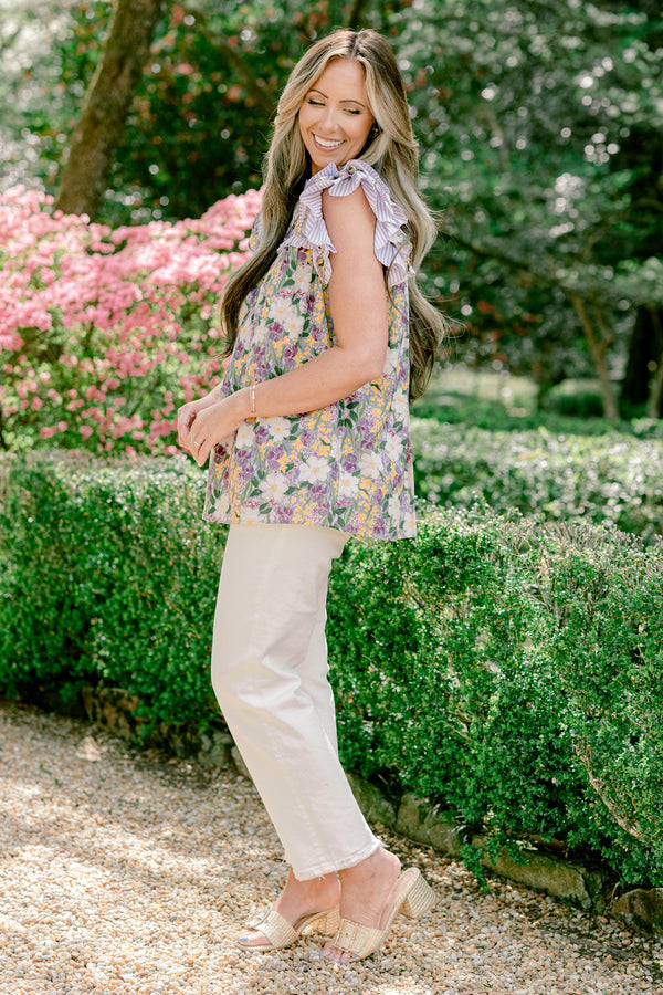 Chic Soul plus size clothing, purple floral short sleeve mock neck op with ruffle along sleeves and chest and neckline